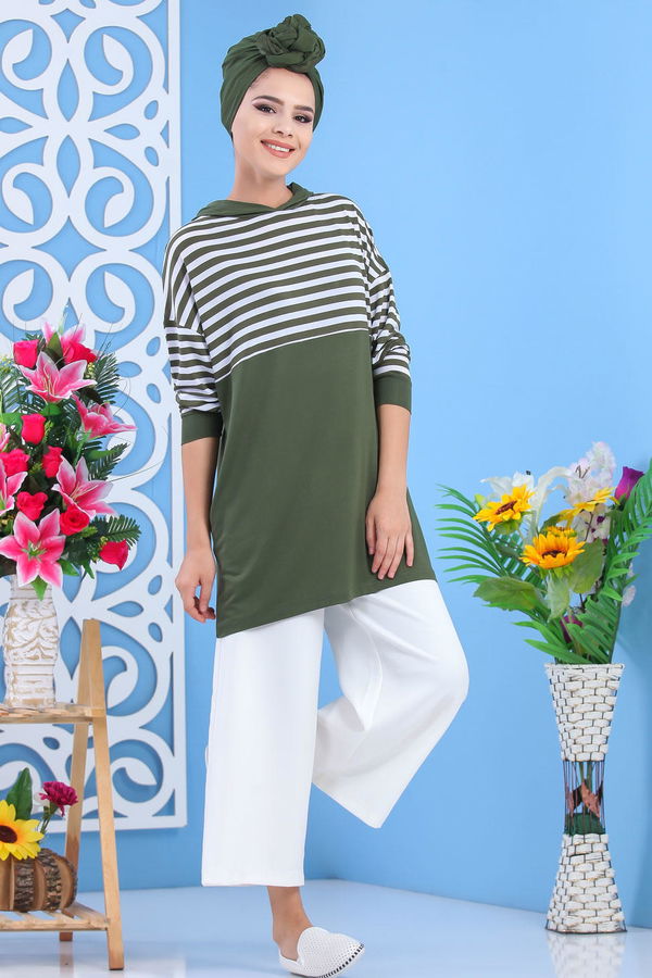Düz Orta Kadın Haki Kapşonlu Tunik Siyah  - 5155 HAKİ