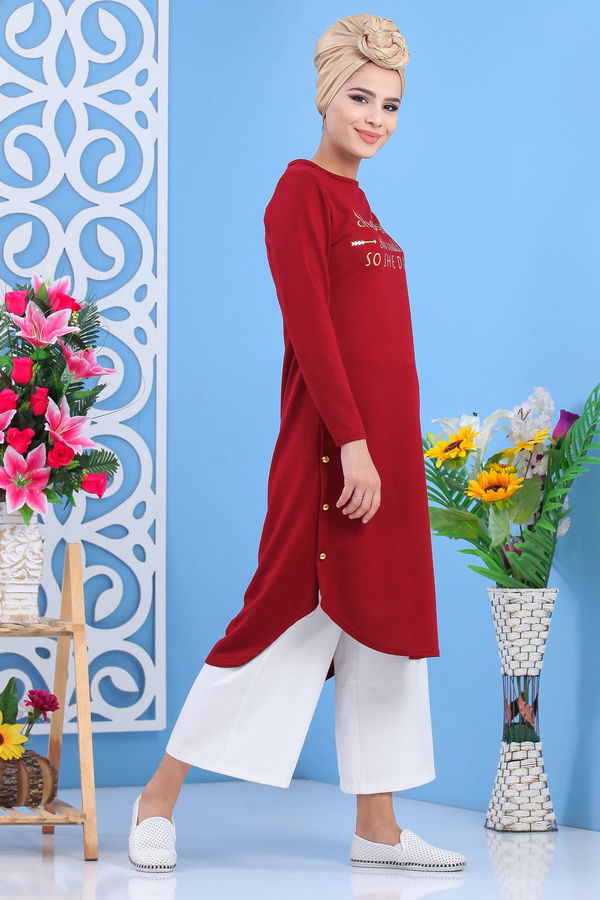 Düz Orta Kadın Bordo Tunik Siyah  - 7582 BORDO