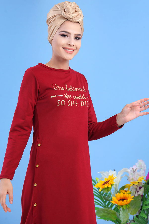 Düz Orta Kadın Bordo Tunik Siyah  - 7582 BORDO