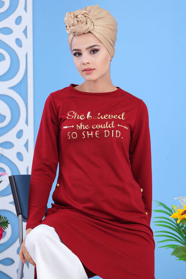 Düz Orta Kadın Bordo Tunik Siyah  - 7582 BORDO