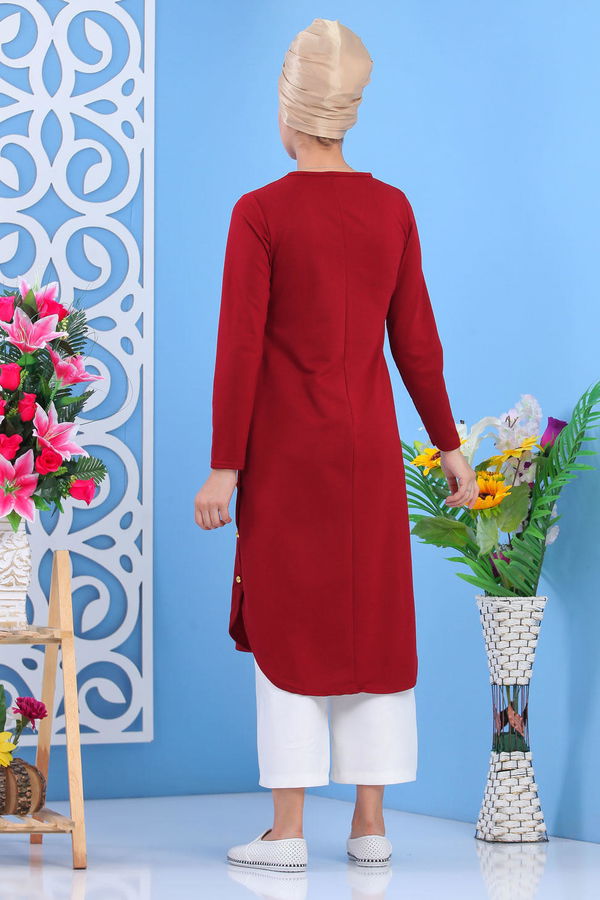 Düz Orta Kadın Bordo Tunik Siyah  - 7582 BORDO
