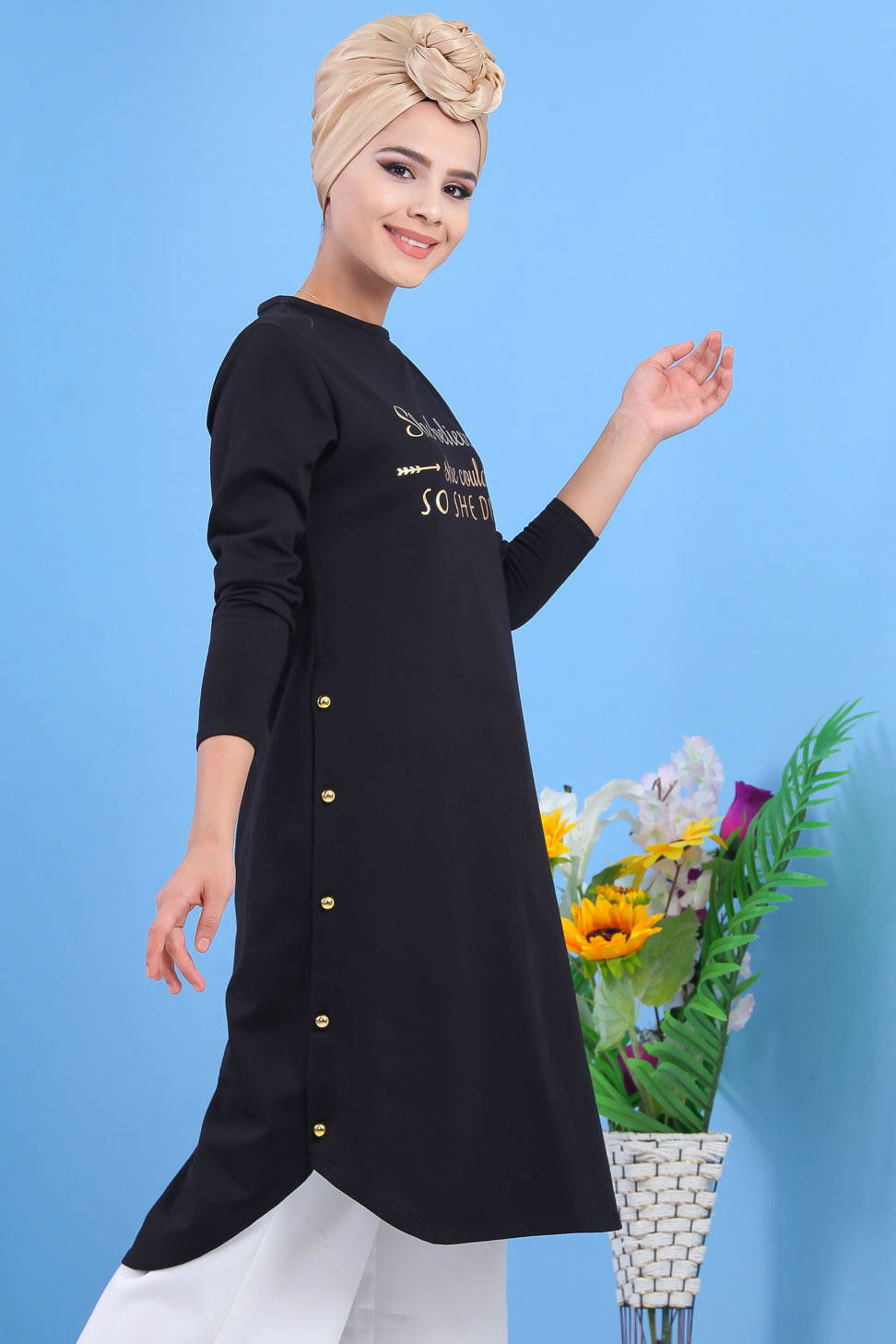 Düz Orta Kadın Siyah Tunik Siyah  - 7582