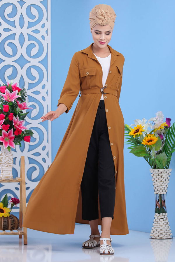 Düz Orta Kadın Taba Dügmeli Elbise Camel - 02 7309 - 7309 TABA