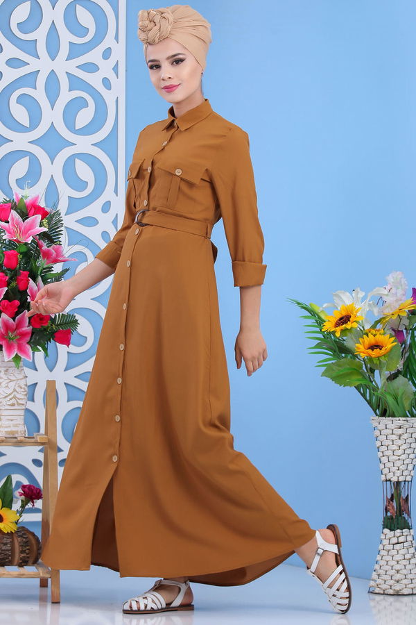 Düz Orta Kadın Taba Dügmeli Elbise Camel - 02 7309 - 7309 TABA