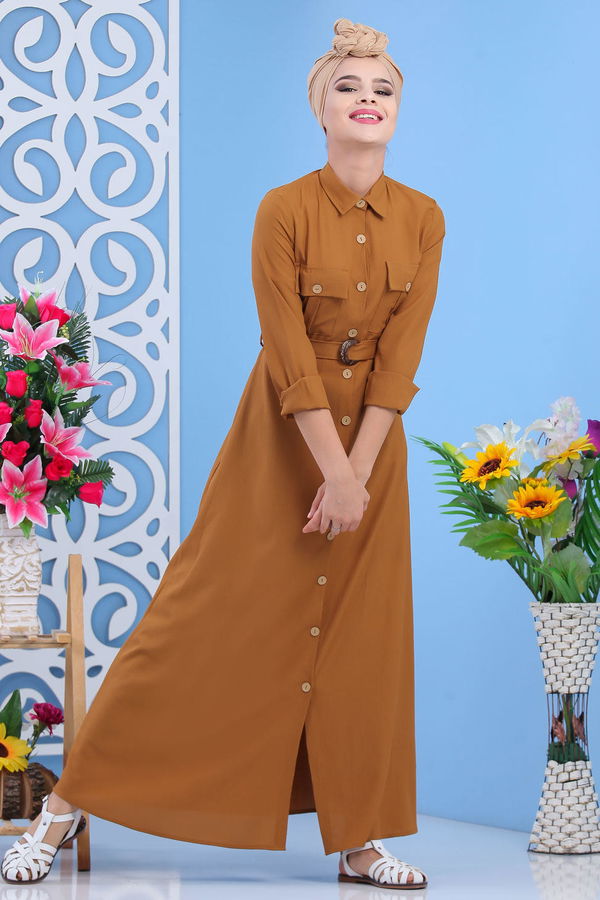 Düz Orta Kadın Taba Dügmeli Elbise Camel - 02 7309 - 7309 TABA