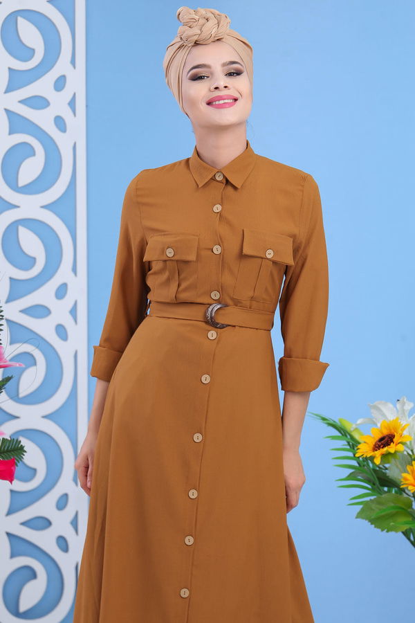 Düz Orta Kadın Taba Dügmeli Elbise Camel - 02 7309 - 7309 TABA