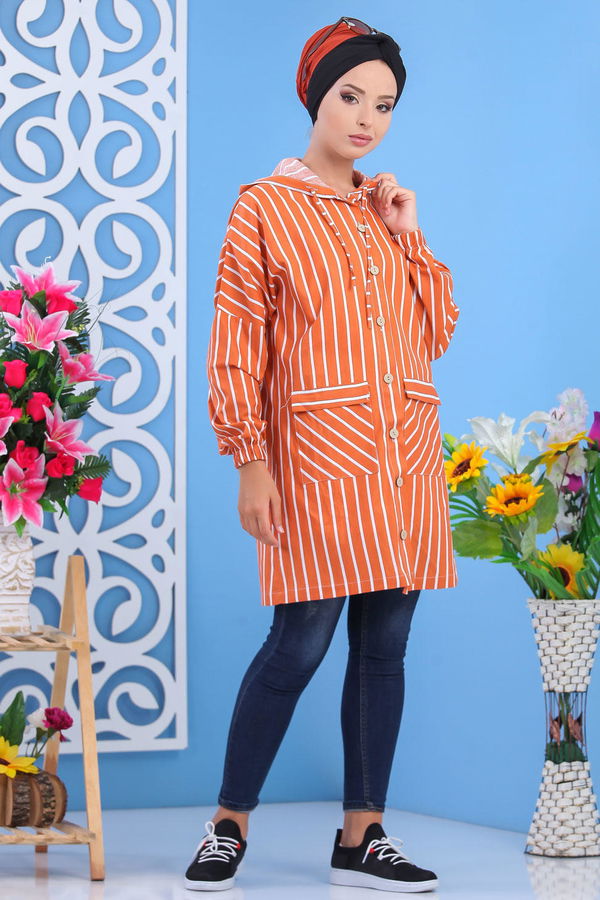 Düz Orta Kadın Taba Kapşonlu Tunik Siyah  - 7605 TABA