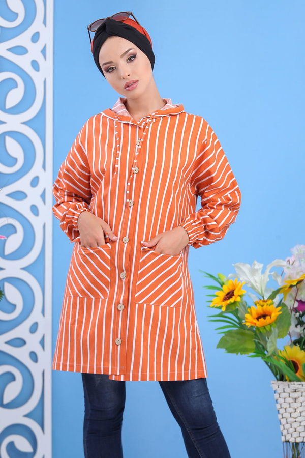 Düz Orta Kadın Taba Kapşonlu Tunik Siyah  - 7605 TABA