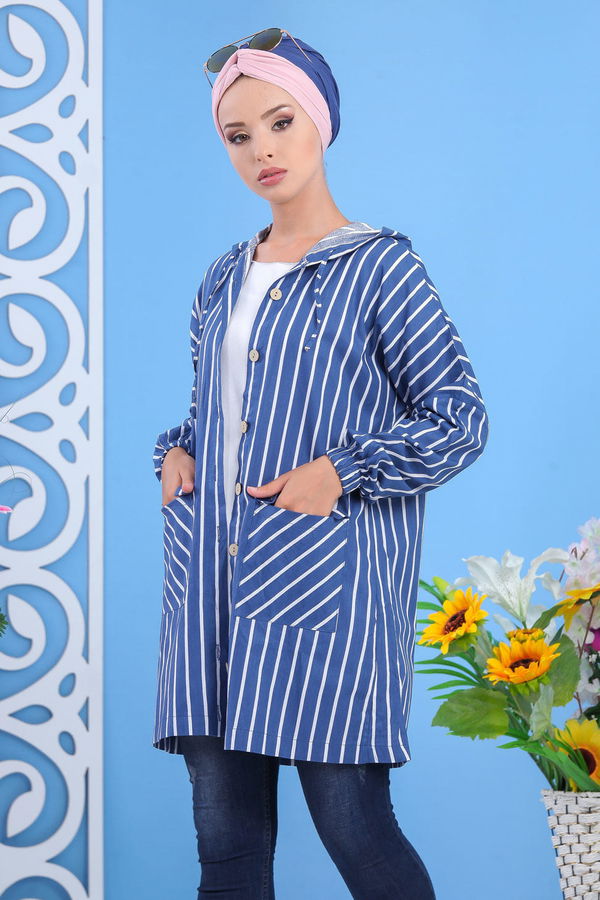 Düz Orta Kadın Mavi Kapşonlu Tunik Siyah  - 7605 MAVİ