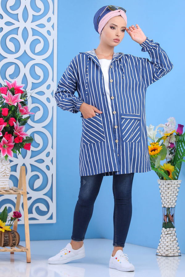 Düz Orta Kadın Mavi Kapşonlu Tunik Siyah  - 7605 MAVİ