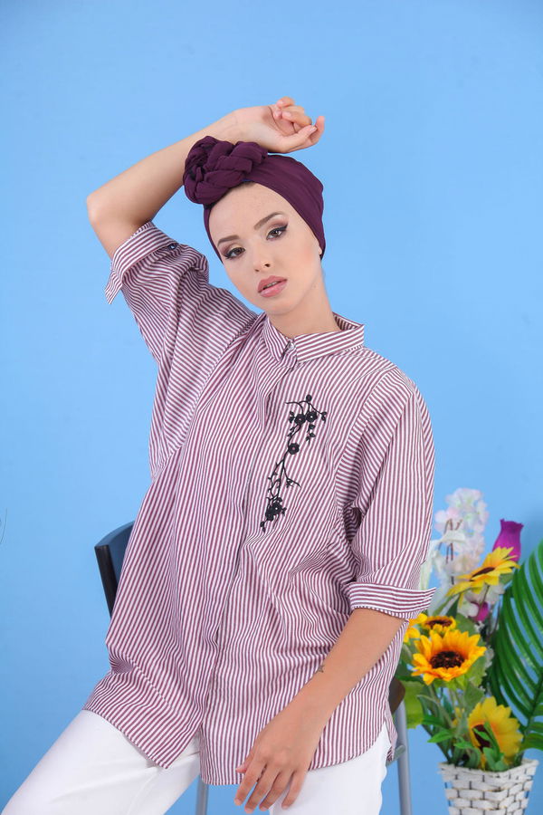 Düz Orta Kadın Bordo Yarasa Tunik Bordo  - 7608