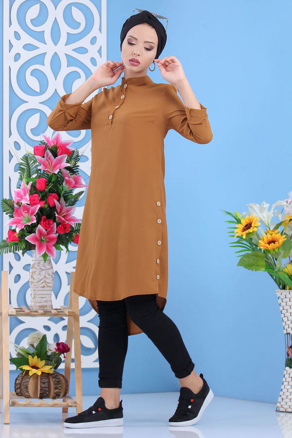 Düz Orta Kadın Taba Dügmeli Tunik Taba - 02 7310 - 7310 TABA