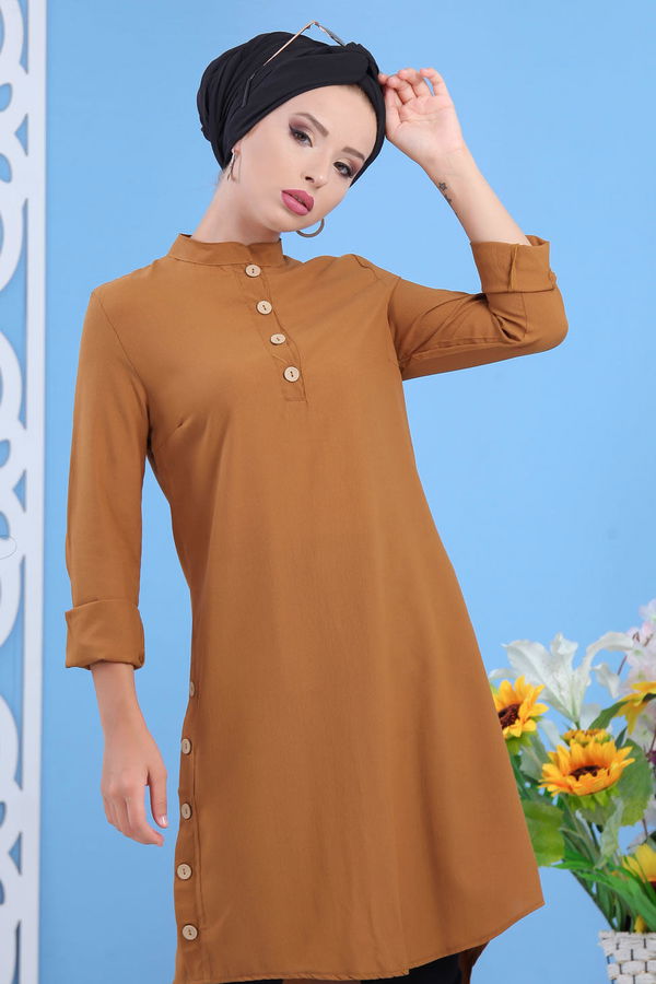 Düz Orta Kadın Taba Dügmeli Tunik Taba - 02 7310 - 7310 TABA