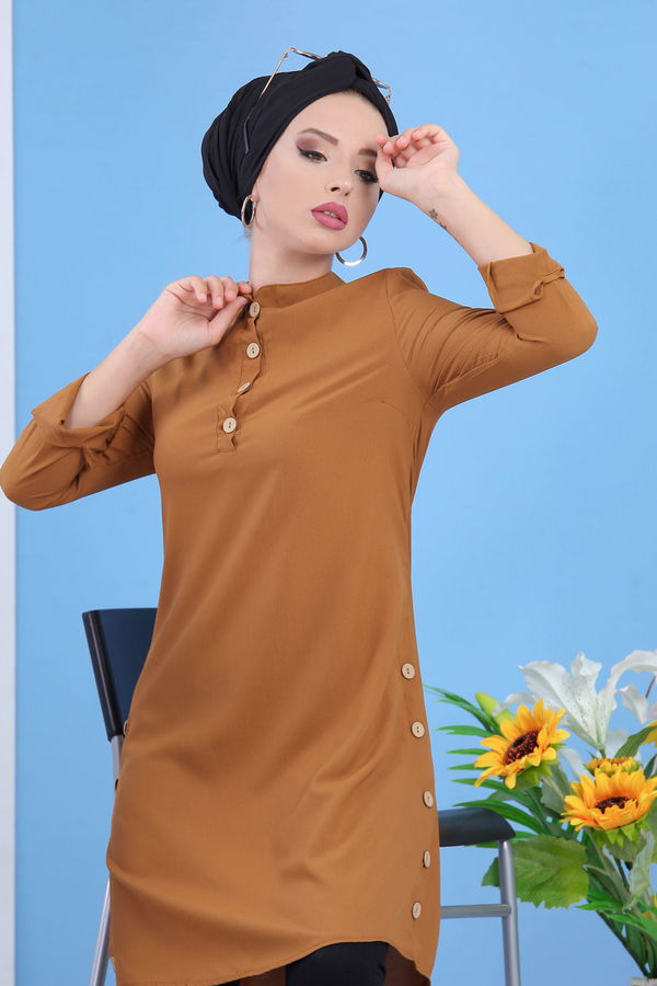Düz Orta Kadın Taba Dügmeli Tunik Taba - 02 7310 - 7310 TABA