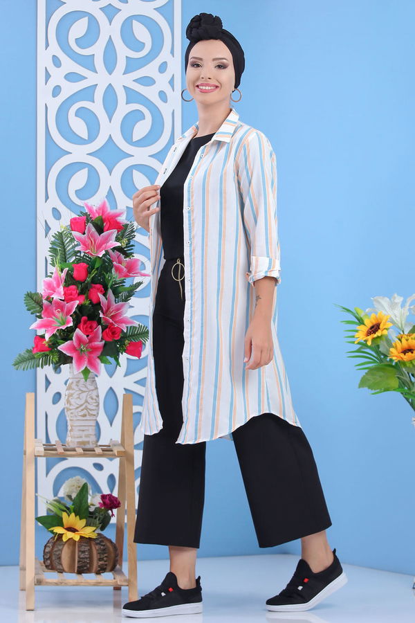 Düz Orta Kadın Mavi Çizgili Tunik Mavi Oranj  - 7617 MAVİ