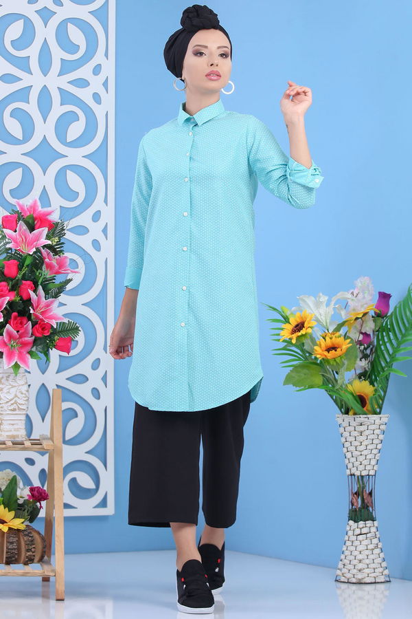Düz Orta Kadın Yeşil Keten Tunik Mint  - 7623 YEŞİL
