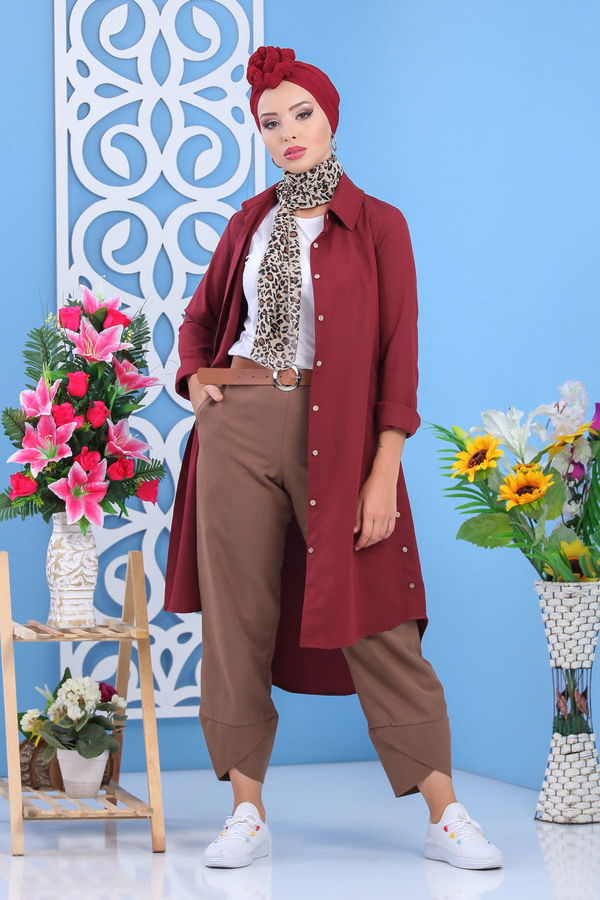 Düz Orta Kadın Bordo Gömlek Tunik Siyah  - 7236 BORDO