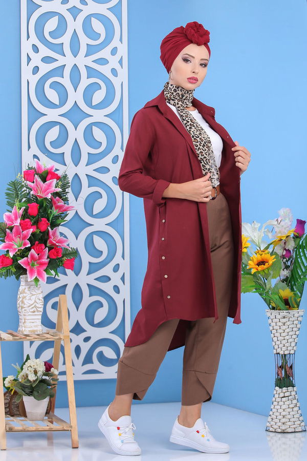 Düz Orta Kadın Bordo Gömlek Tunik Siyah  - 7236 BORDO