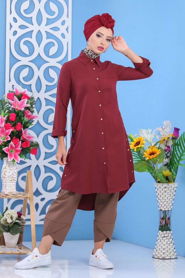 Düz Orta Kadın Bordo Gömlek Tunik Siyah  - 7236 BORDO