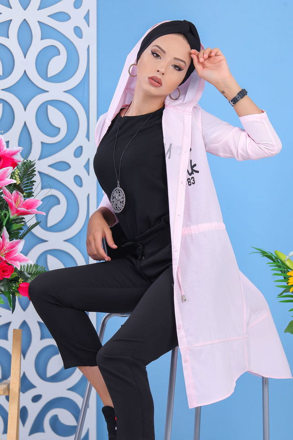 Düz Orta Kadın Pembe Kapşonlu Tunik Siyah  - 6921 PEMBE