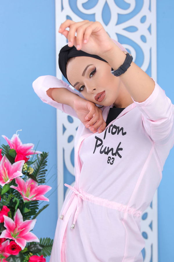 Düz Orta Kadın Pembe Kapşonlu Tunik Siyah  - 6921 PEMBE