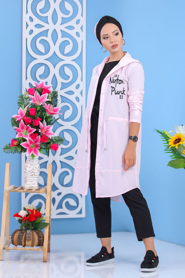 Düz Orta Kadın Pembe Kapşonlu Tunik Siyah  - 6921 PEMBE