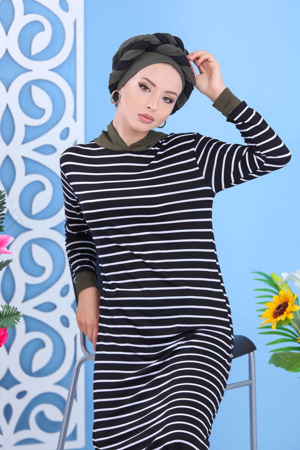 Düz Orta Kadın Siyah Çizgili Kapşonlu Tunik Siyah Haki - 02 7632 - 7632 SİYAH