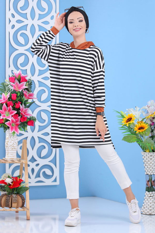Düz Orta Kadın Siyah Kapşonlu Tunik Siyah Taba - 02 7636 - 7636