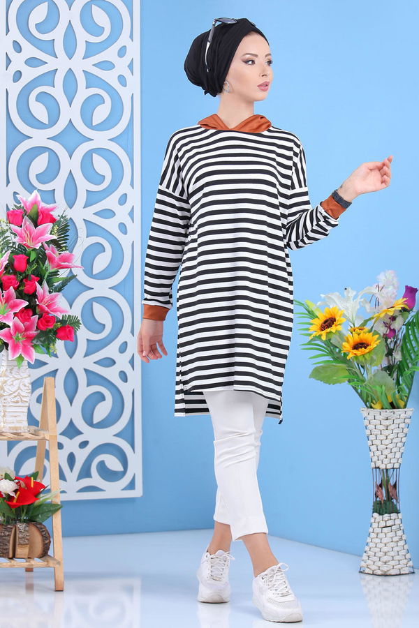 Düz Orta Kadın Siyah Kapşonlu Tunik Siyah Taba - 02 7636 - 7636