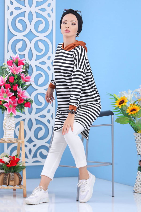 Düz Orta Kadın Siyah Kapşonlu Tunik Siyah Taba - 02 7636 - 7636