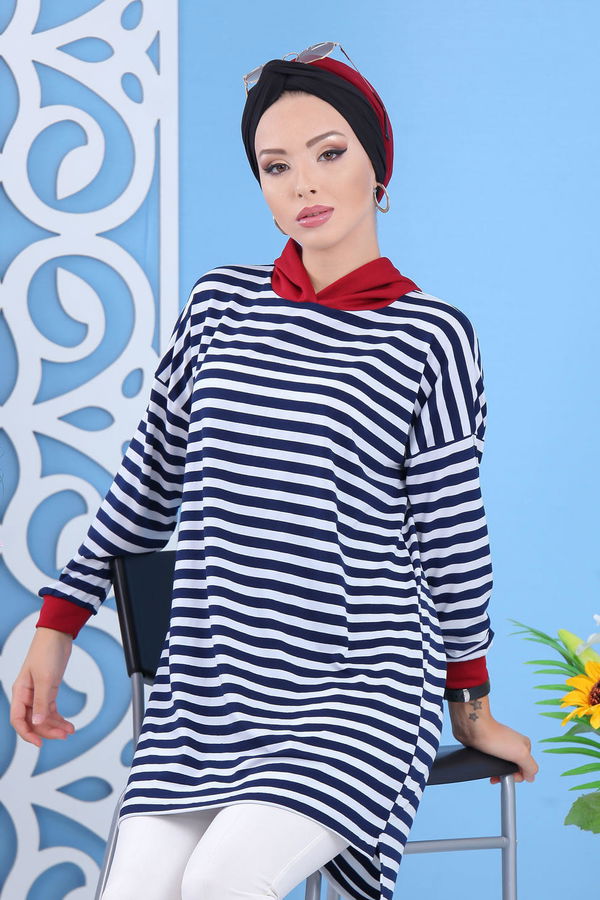 Düz Orta Kadın Bordo Kapşonlu Tunik Siyah Saks  - 7636