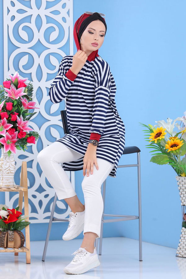 Düz Orta Kadın Bordo Kapşonlu Tunik Siyah Saks  - 7636