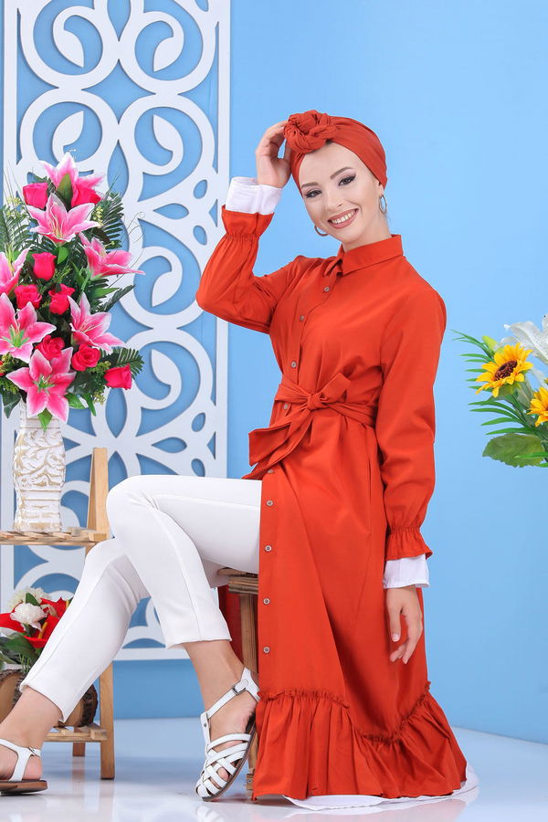 Düz Orta Kadın Kiremit Fırfırlı Elbise Kiremit - 02 7638 - 7638 KİREMİT
