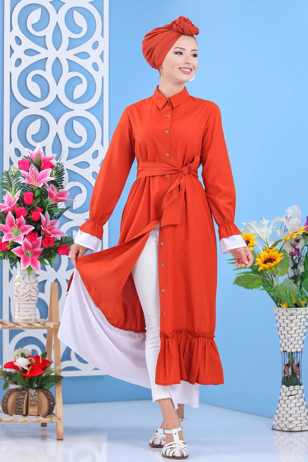 Düz Orta Kadın Kiremit Fırfırlı Elbise Kiremit - 02 7638 - 7638 KİREMİT