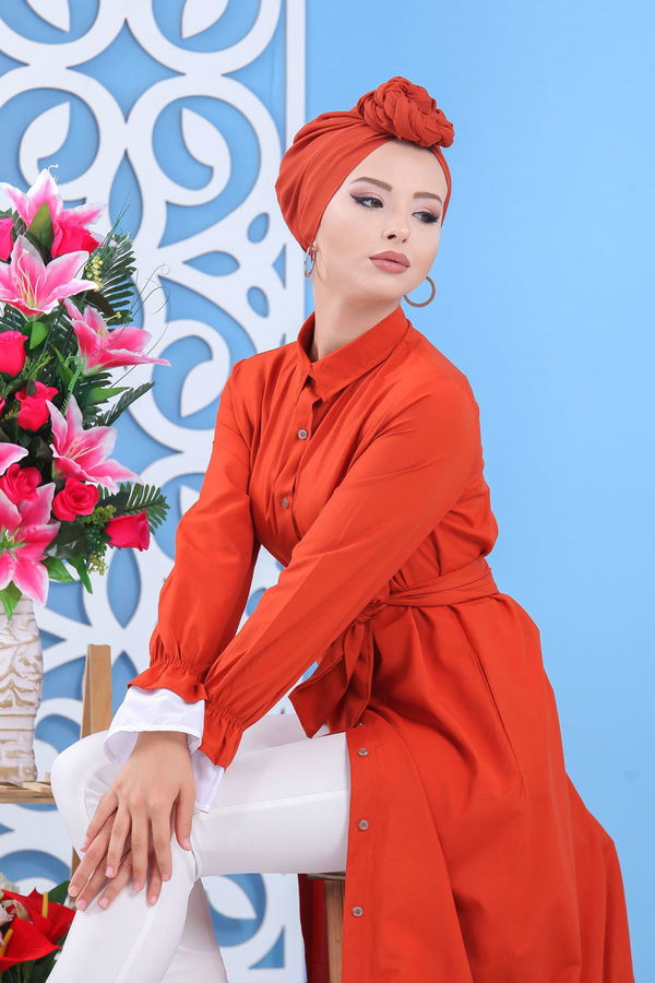 Düz Orta Kadın Kiremit Fırfırlı Elbise Kiremit - 02 7638 - 7638 KİREMİT