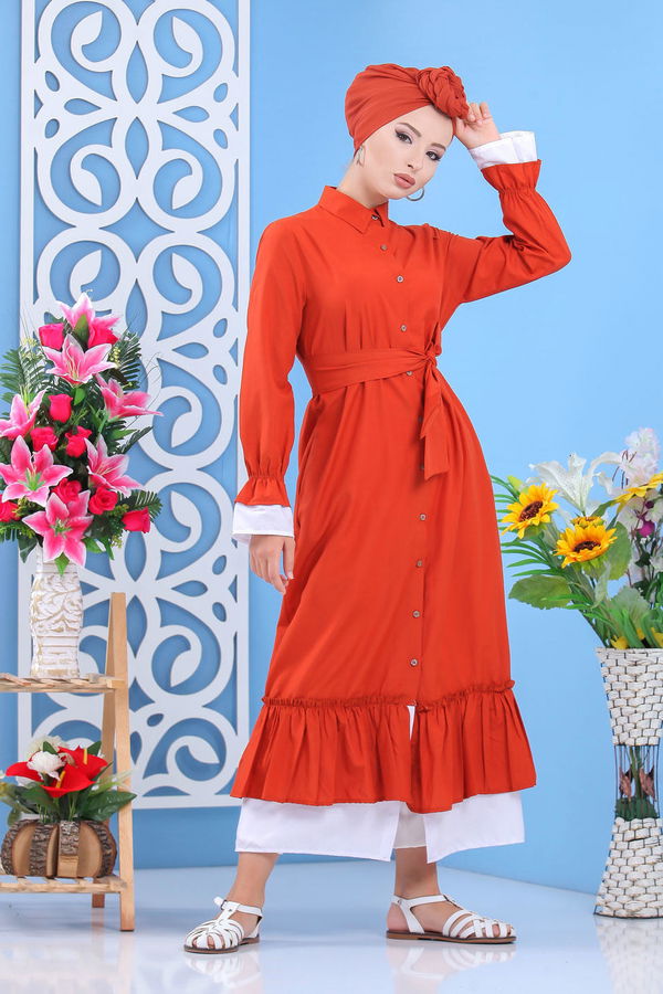 Düz Orta Kadın Kiremit Fırfırlı Elbise Kiremit - 02 7638 - 7638 KİREMİT