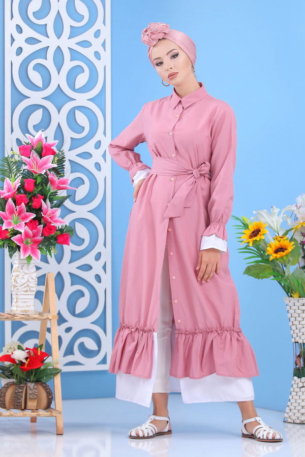 Düz Orta Kadın Pembe Fırfırlı Elbise Gulkurusu - 02 7638 - 7638