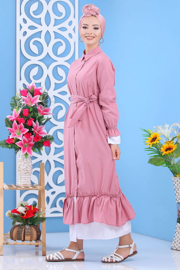 Düz Orta Kadın Pembe Fırfırlı Elbise Gulkurusu - 02 7638 - 7638