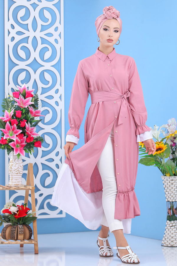 Düz Orta Kadın Pembe Fırfırlı Elbise Gulkurusu - 02 7638 - 7638
