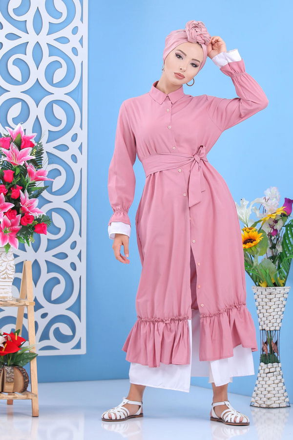 Düz Orta Kadın Pembe Fırfırlı Elbise Gulkurusu - 02 7638 - 7638