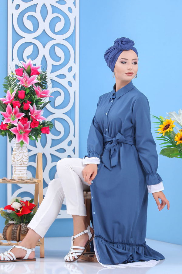 Düz Orta Kadın Mavi Fırfırlı Elbise İndigo - 02 7638 - 7638
