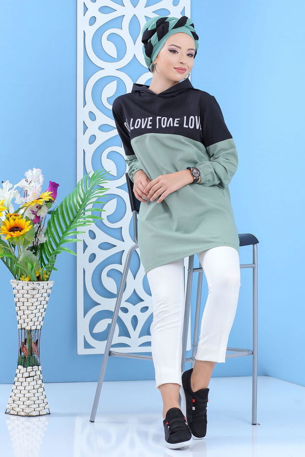 Düz Orta Kadın Yeşil Baskılı Tunik Mint - 02 7100 - 7100