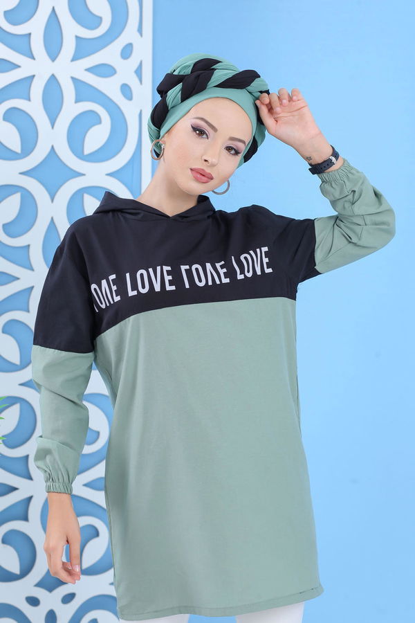 Düz Orta Kadın Yeşil Baskılı Tunik Mint - 02 7100 - 7100