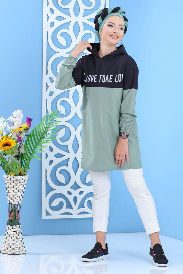 Düz Orta Kadın Yeşil Baskılı Tunik Mint - 02 7100 - 7100