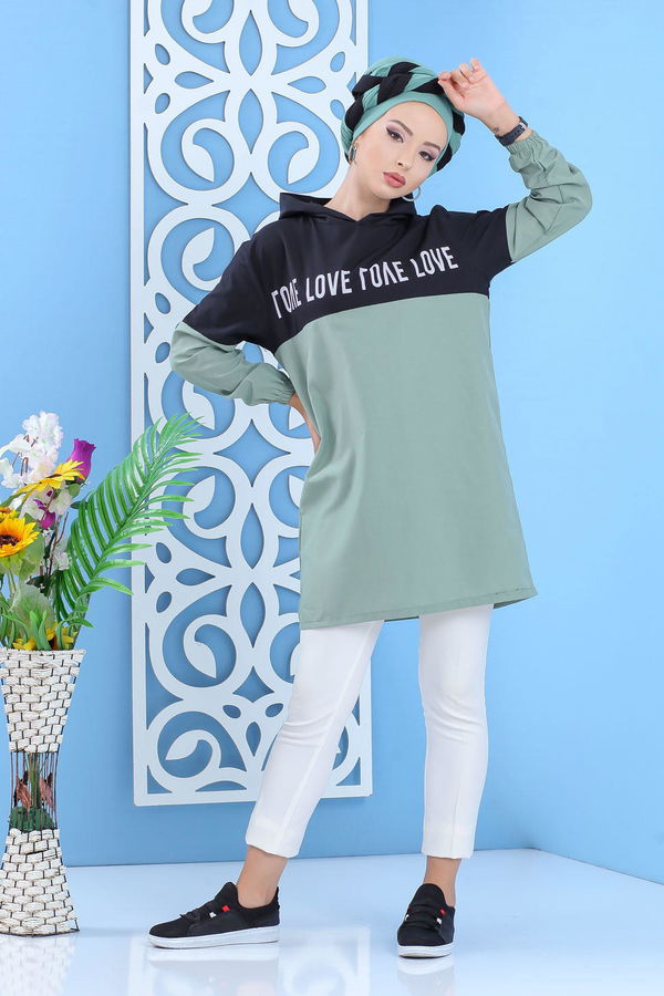 Düz Orta Kadın Yeşil Baskılı Tunik Mint - 02 7100 - 7100