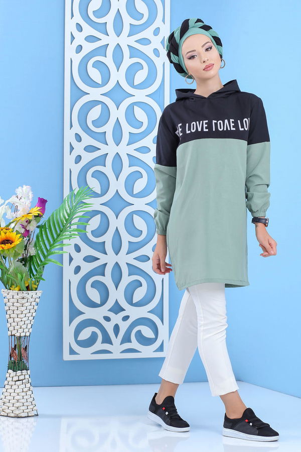 Düz Orta Kadın Yeşil Baskılı Tunik Mint - 02 7100 - 7100
