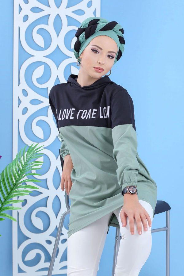 Düz Orta Kadın Yeşil Baskılı Tunik Mint - 02 7100 - 7100