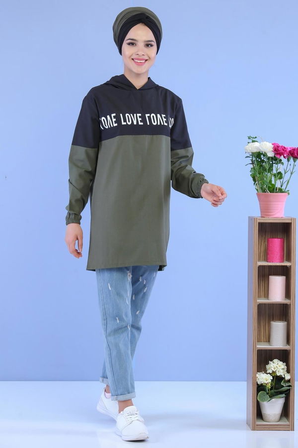 Düz Orta Kadın Haki Baskılı Tunik Haki - 02 7100 - 7100 HAKİ