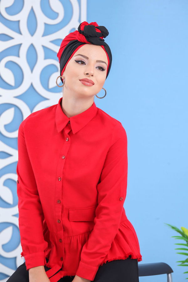 Düz Orta Kadın Kırmızı Püsküllü Tunik Siyah  - 7120 Kırmızı
