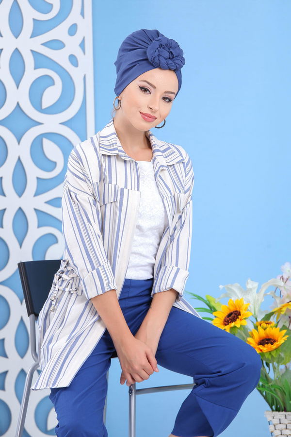 Düz Orta Kadın Mavi Çizgili Tunik Taba  - 7647 MAVİ